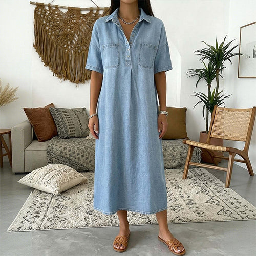 New Arrival🔥 Casual Pocket Denim Midi Shirt Dress👗