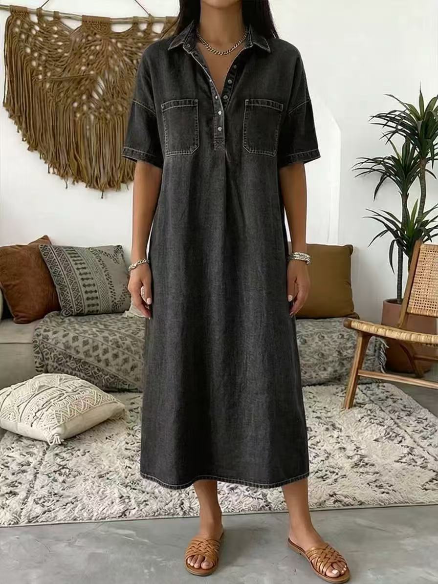 New Arrival🔥 Casual Pocket Denim Midi Shirt Dress👗