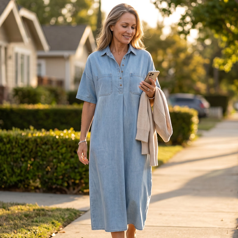 New Arrival🔥 Casual Pocket Denim Midi Shirt Dress👗