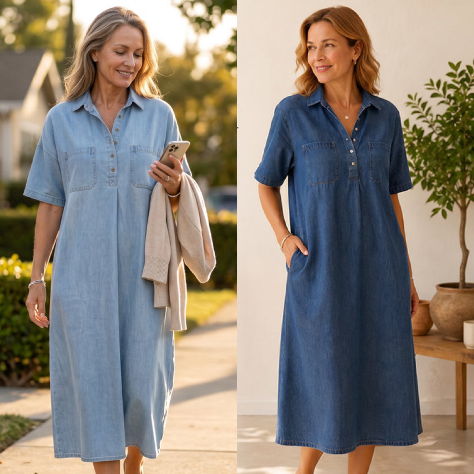 New Arrival🔥 Casual Pocket Denim Midi Shirt Dress👗